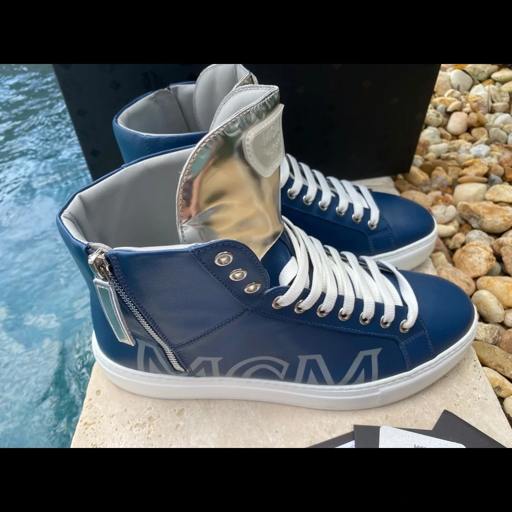 MCM‎ Blue & Silver Leather Men's Hi-top Sneakers